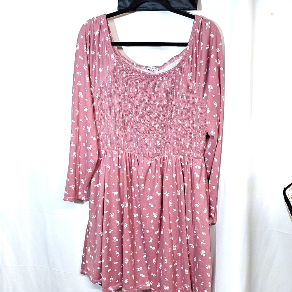 Pink Floral Smocked Long-Sleeve Women's Dress